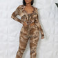 Mesh Flower Print 2 Piece Set Women Ruffles Lace-Up Tassel Full Sleeve Crop Tops+Skinny Straight Pants Street Suit