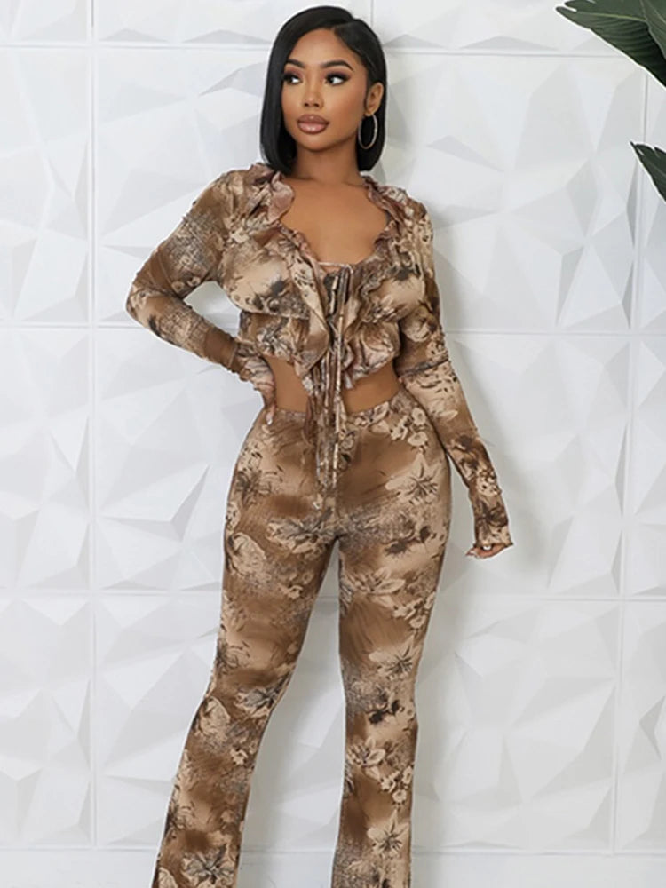 Mesh Flower Print 2 Piece Set Women Ruffles Lace-Up Tassel Full Sleeve Crop Tops+Skinny Straight Pants Street Suit