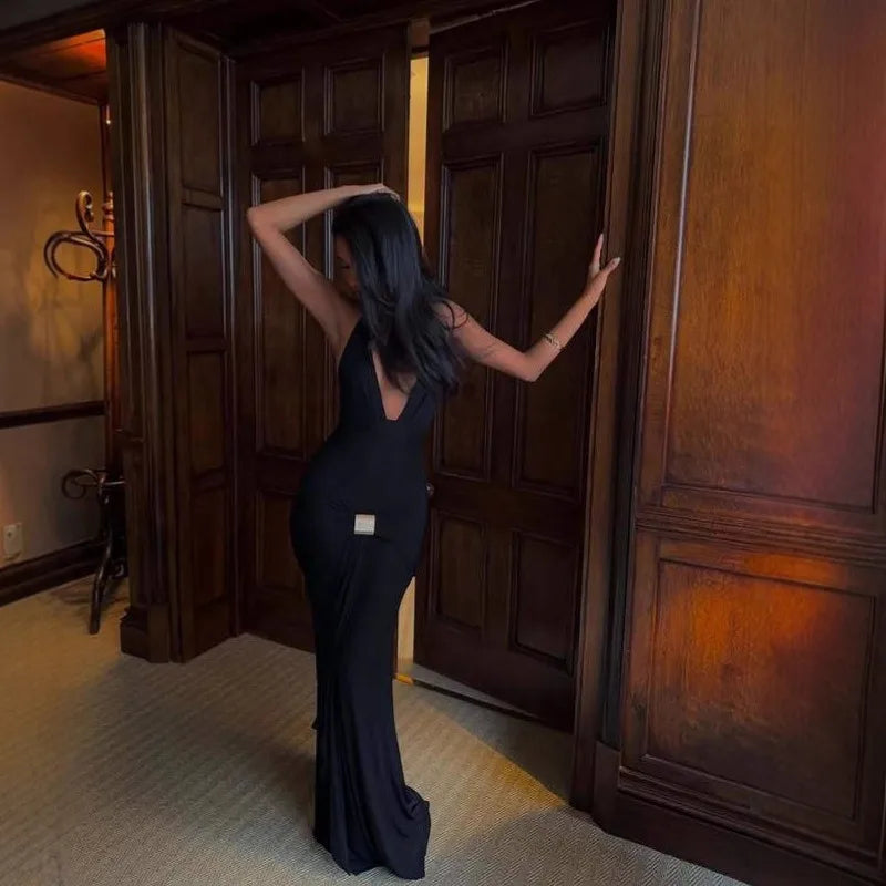 Deep V Neck Backless Draped Maxi Dress Sexy Black Party Dresses Woman Elegant