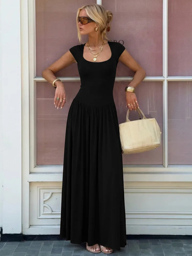 Women Square Cap Sleeve Midi Dress Elegant Brown U Neck Slim Waist Bodycon Club Party Pleated Long Dresses Fashion