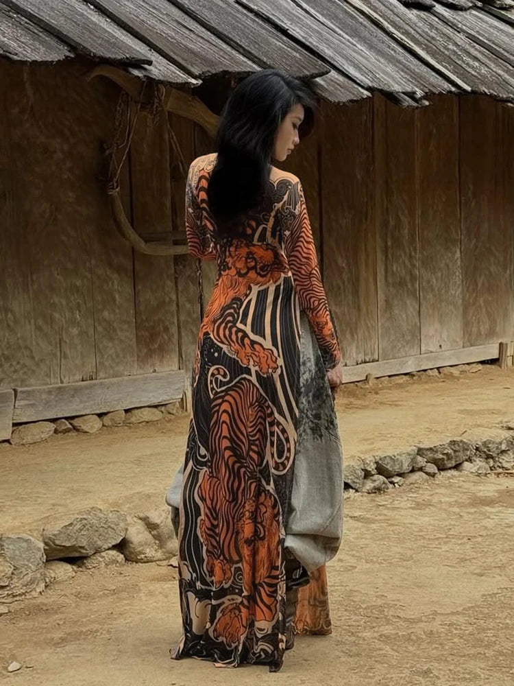 See Through T-Shirts Women Tiger Print Long Sleeve High Neck High Slits High Elastic Skinny Trend Street Hipster Tops