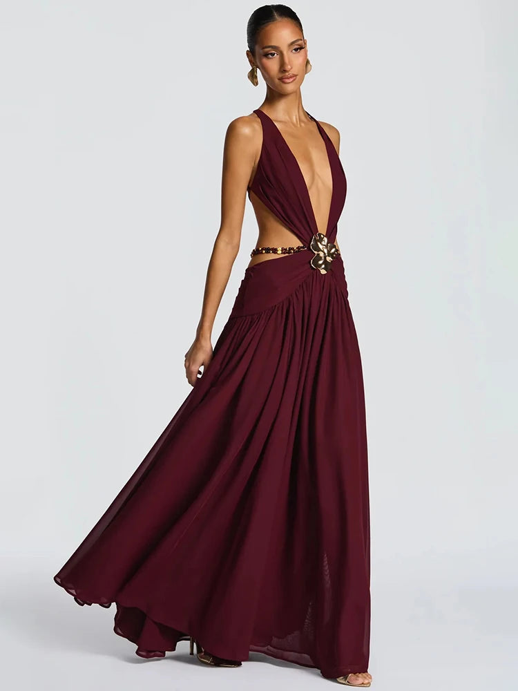 Hollow Out Deep V Neck Sexy Maxi Dress Women Gown Metal Buckle Sleeveless Backless Thigh High Split Club Party Dresses