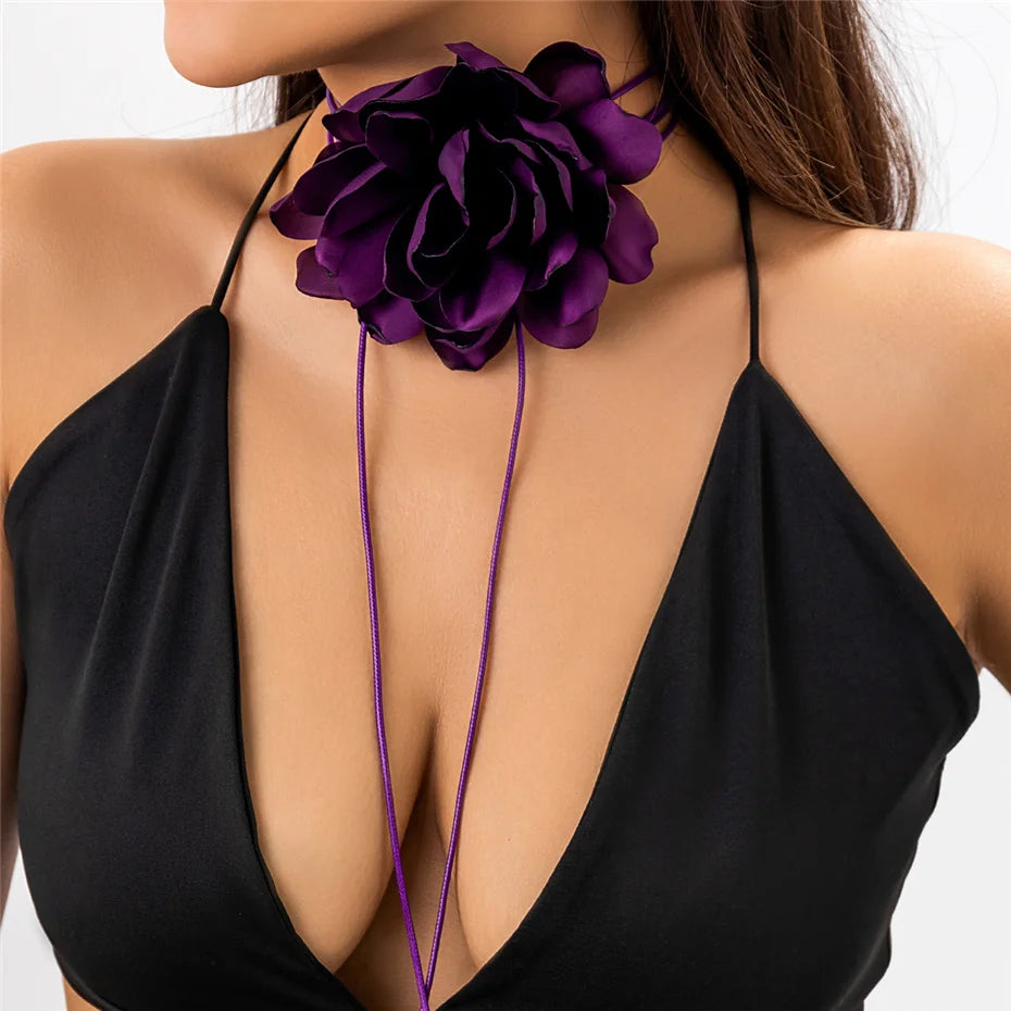 Exaggerated Big Rose Flower Choker Necklace for Women Wed Bridal Goth Kpop Adjustable Bowknot Chain Y2K Accessories New
