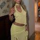 Sexy Fashion 2 Piece Set Women Halter Low-Neck Backless Tank Tops+Ruffles Tassel Splits Hem Skirts Wild Style Outfits