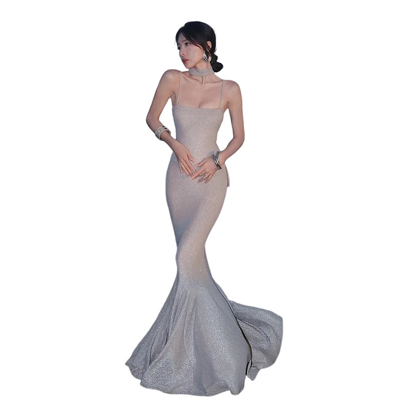 Glitter Maxi Dress Women Fish Tail Hem Backless Cross Bandage Low-Neck Sleeveless Beach Party Vacation Vestidos
