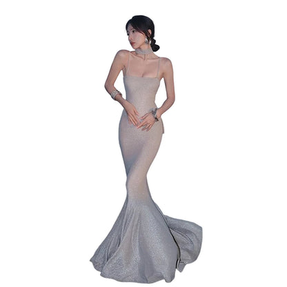 Glitter Maxi Dress Women Fish Tail Hem Backless Cross Bandage Low-Neck Sleeveless Beach Party Vacation Vestidos