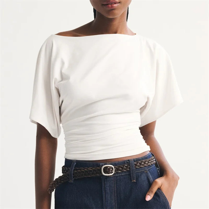 Women's Boat Neck Flutter Sleeve Ruched Side Cropped T-Shirt Solid Color Slim Fit Casual Short Sleeve Top for Summer
