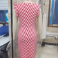 Womens Striped Midi Bodycon Dress Deep V Neck Ruffle Sleeve Red White Chevron Print Slim Fit Side Split Party Dress