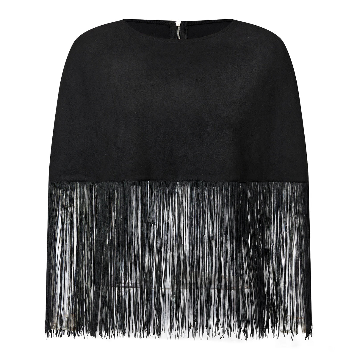Women Fringe Cape Shawl Round Neck Short Poncho Tassel Hem Capelet Back Zipper Evening Party Cover Up Dressy Outerwear
