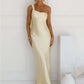 One Shoulder Backless Sexy Maxi Dress Women Gown Satin Skew Collar Sleeveless Thigh High Split Club Party Long Dresses