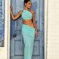 Mesh Patchwork 2 Piece Set Woman Skew Collar Backless Navel Exposed Tops+Beads Tassel Long Skirts Ruched Elegant Suit