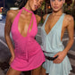 Halter Deep V Neck Sexy Mini Dress Women Elegant Sleeveless Backless Bodycon Ruched Waist Club Party Short Dresses