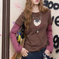 Women's Graphic Tee with Strawberry Print, Fake Two Piece Long Sleeve Top, Casual Slim Fit T-Shirt for Daily Wear