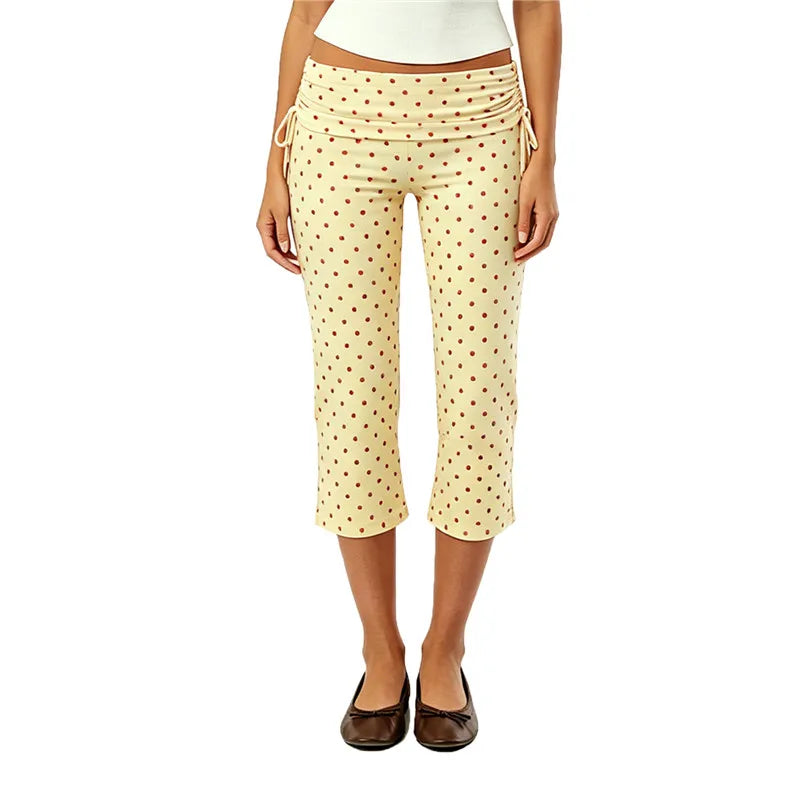 Women Y2K Trendy Low Waist 3/4 Length Capri Trouser Fold Over Waist Tie Side Drawstring Slim Fit Streetwear Lounge Pants