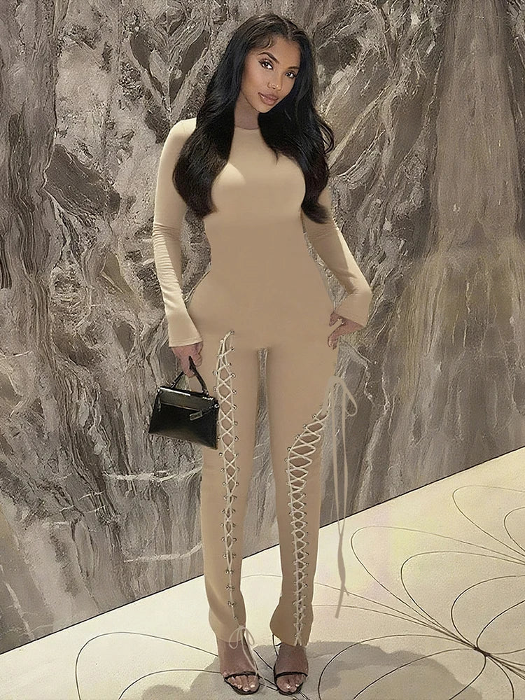 Sexy Fall Jumpsuits Women Diy Shirring o-Neck Full Sleeve Midnight Party Club Stretch Activity Fitness Slim Overalls