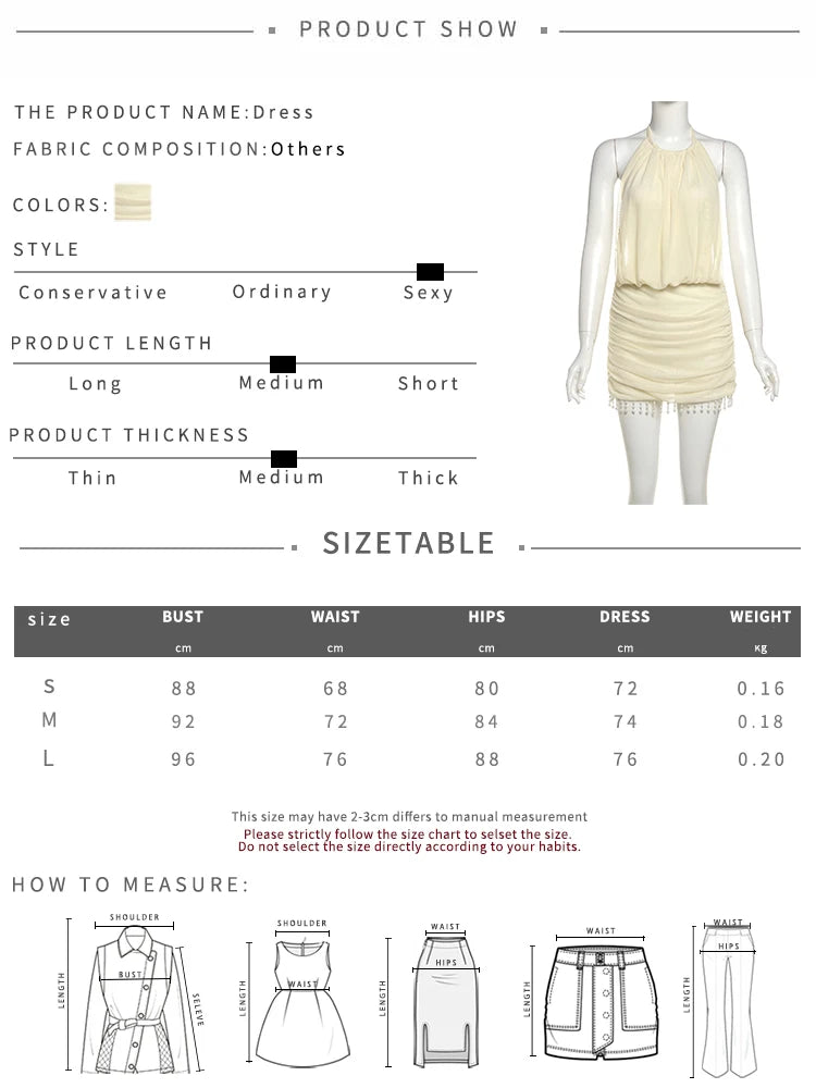 Mesh Patchwork Mini Dress Women Lace-Up Halter Sexy Backless Pearl Tassel Midnight Club Party Ruched Elegant Outfits