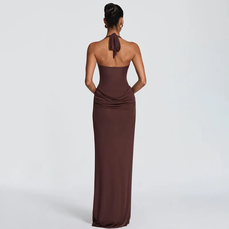 Halter Backless Ruched Maxi Dress Evening Gown Brown Classy Dresses for Woman Elegant Wedding Guest