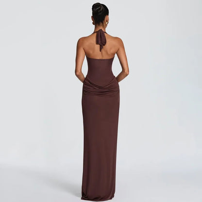 Halter Backless Ruched Maxi Dress Evening Gown Brown Classy Dresses for Woman Elegant Wedding Guest