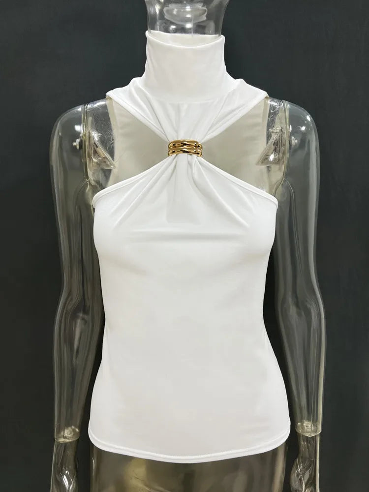 Turtleneck Basic Knit Tank Tops Women Vest Pullovers Metal Ring Camisole Sleeveless Skinny Knitted Tops Y2K Cropped Top