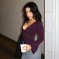 Solid Color Slim Low Cut Deep V Long Sleeve Tops for Woman Sexy Fall Clothes Basic Casual Tee Shirts Ladies