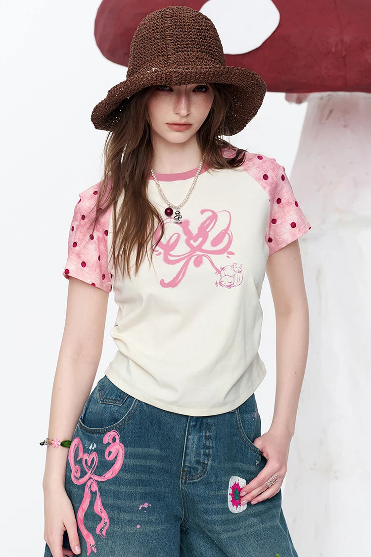 Polka Dot Raglan Sleeve Baby Tee, Bow Print Slim Fit Y2K Casual T-Shirt, Pink & White Retro Top