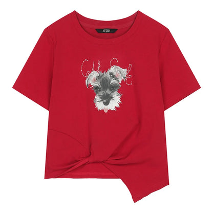 Schnauzer Print Cropped T-Shirt, Letter Graphic Twisted Tee, Casual Short Sleeve Top for Women