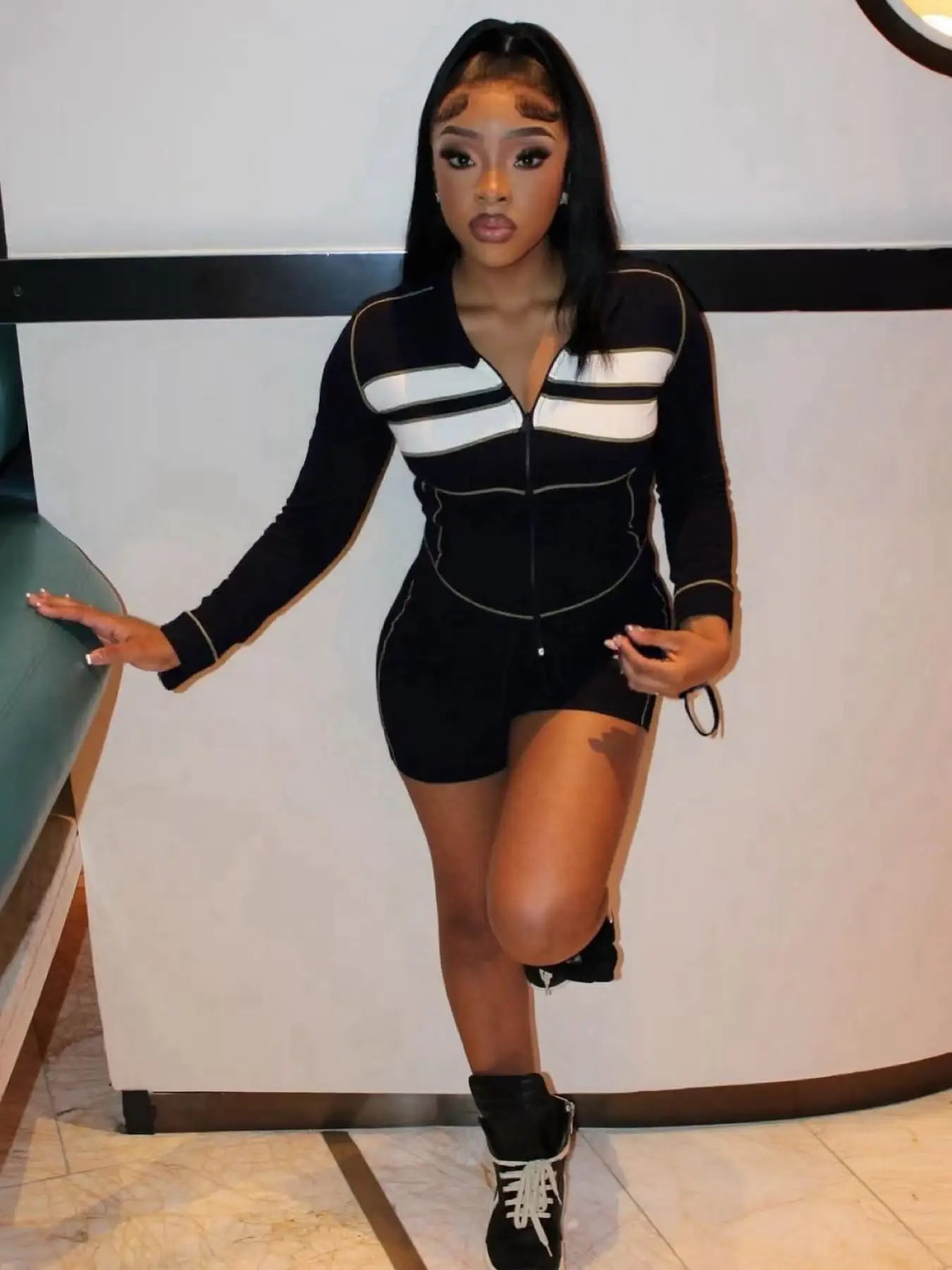 Patchwork Stripes 2-Piece Set Women Tracksuit Zip Crop Jacket+Casual Shorts Elastic Matching Streetw Sporty Outfits