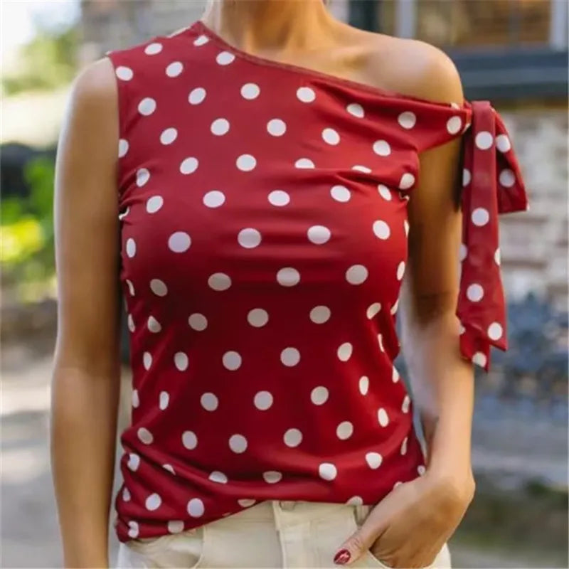 Elegant Polka Dot One Shoulder Top for Women Tie Detail Slim Fit Ruched Casual Summer Daily Wear Streetwear Party Outfit