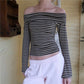 Stripe Fold Over Off Shoulder Top Long Sleeve Slim Ribbed Crop Tee Women Soft Stretchy Casual Streetwear Basic Short Top