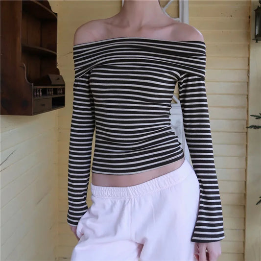 Stripe Fold Over Off Shoulder Top Long Sleeve Slim Ribbed Crop Tee Women Soft Stretchy Casual Streetwear Basic Short Top