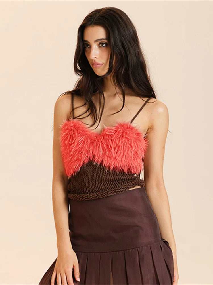 Knit Furry Tank Tops Women Sweet V-Neck Contrast Patchwork Rolled Hem Vacation Midnight Party Club Basic Slim Vest