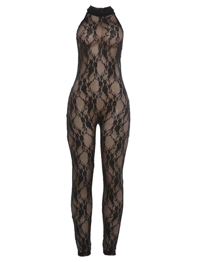 See through Backless Jumpsuit Women Sexy Wild Jacquard Bandages Halter Sleeveless Stretch High Street Party Clubwear