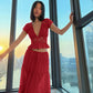 Women's Matching Sets Sexy Lace Chiffon Cardigan Top and Tiered Maxi Skirt 2 Piece Set Vacation Outfits