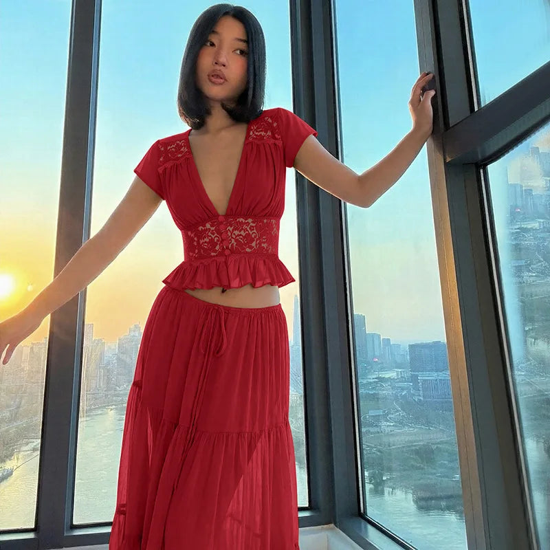 Women's Matching Sets Sexy Lace Chiffon Cardigan Top and Tiered Maxi Skirt 2 Piece Set Vacation Outfits