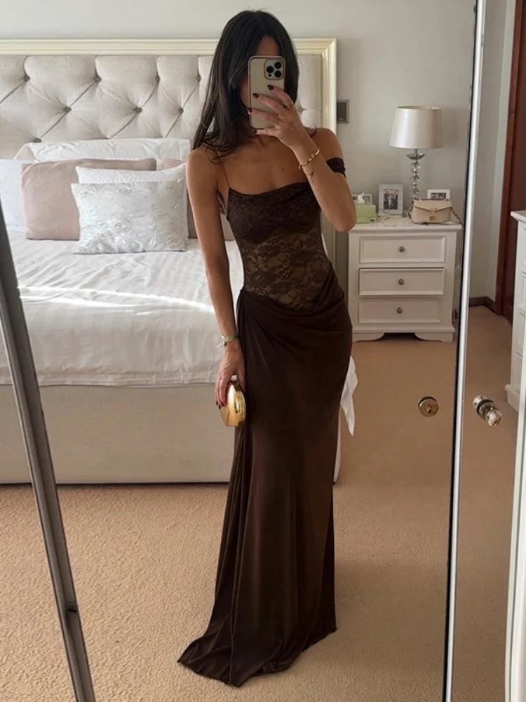 See Through Lace Spliced One Shoulder High Split Maxi Dress European Style Clothes Woman Sexy Party Dresses