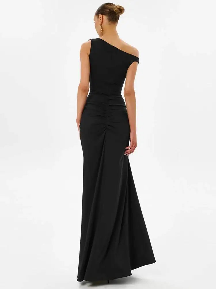 One Shoulder High Split Sexy Maxi Dress Women Elegant Sleeveless Backless Ruched Bodycon Club Party Long Dresses