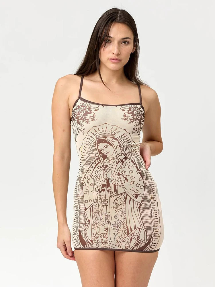 Art Print Dress Women Low-Neck See Through Skinny High Elasticity Sexy Midnight Summer New Trend Hottie Mini Bodycon