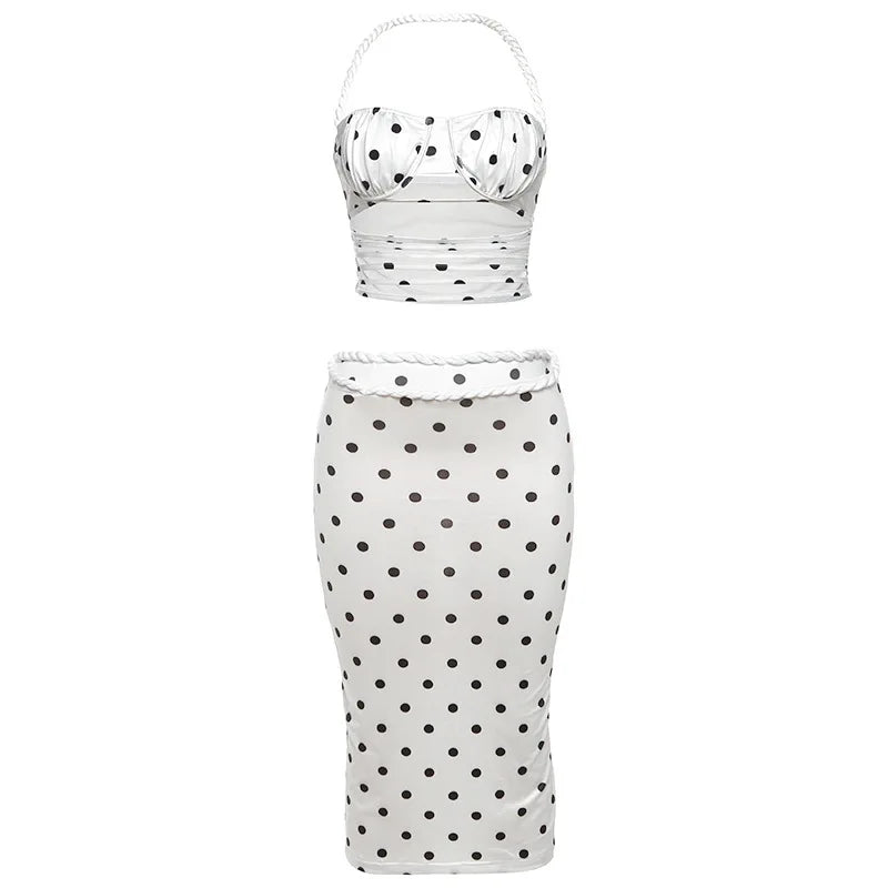 Polka Dot Print White Two Piece Set Woman Twisted Cutout Halter Top and Midi Skirt Elegant Sexy Summer Outfit
