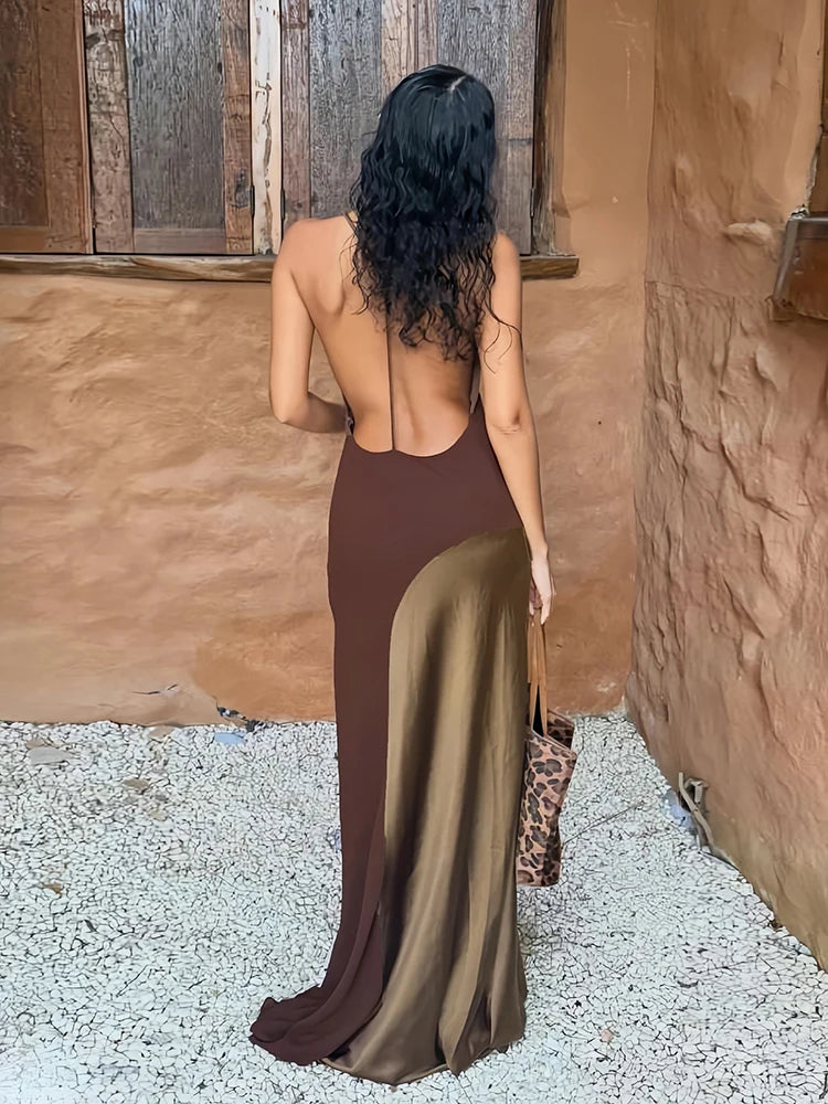 Fashion Backless Dress Women Sexy Bright Silk Patchwork Halter Sleeveless Simple Elegant Vacation Party Club Bodycon