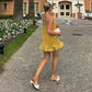 Spaghetti Strap A-line Short Dresses for Woman Clothing French Style Ladies Summer Dress Yellow
