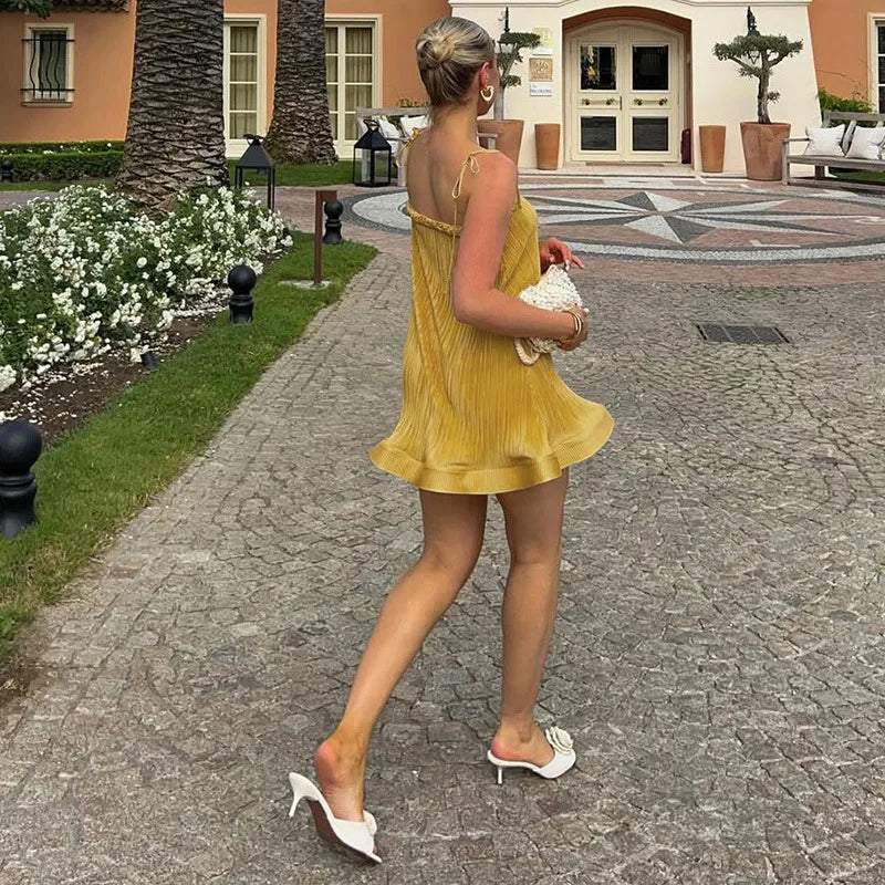 Spaghetti Strap A-line Short Dresses for Woman Clothing French Style Ladies Summer Dress Yellow
