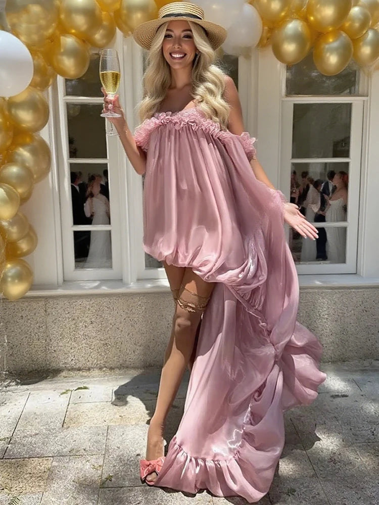 Irregular Dress Women Elegant Birthday Party Large Hem Fungus One Shoulder Patchwork See Through Sweet Chic Vestidos