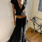 Elegant Chiffon Two Piece Set Women V Neck Short Sleeve Crop Top Maxi Skirt Matching Sets Female Club Party Dress Set