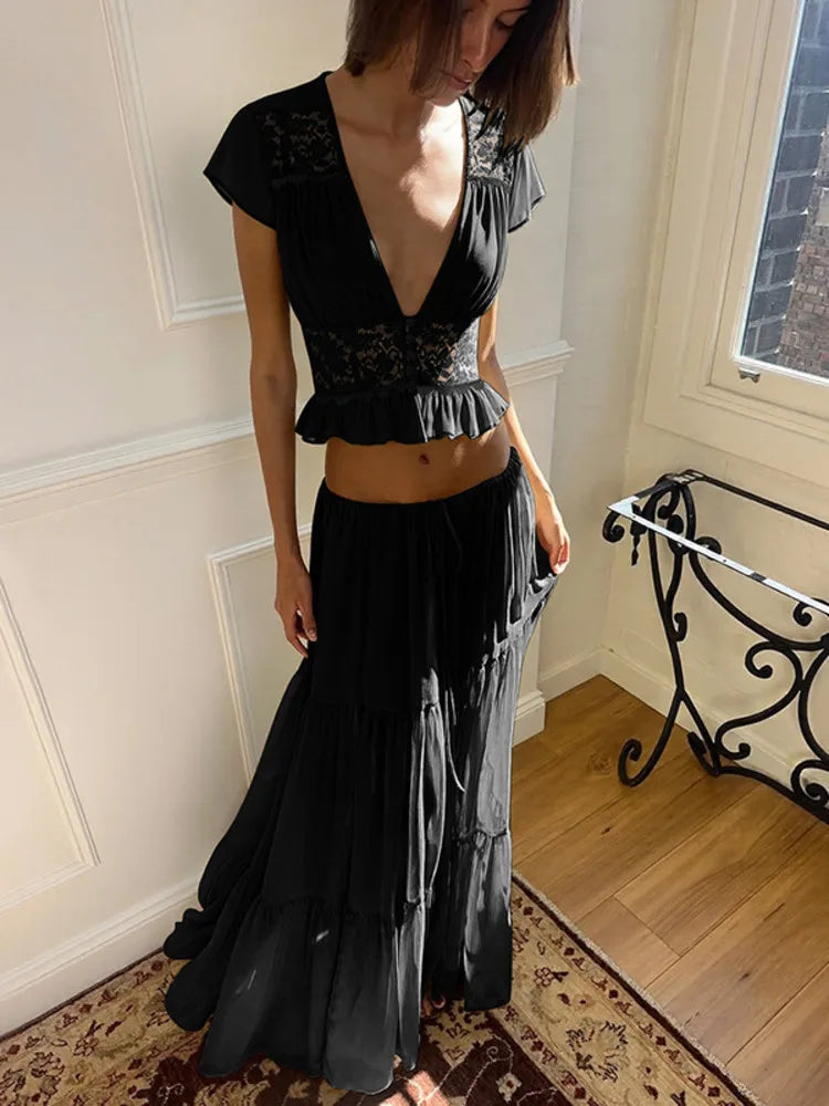Elegant Chiffon Two Piece Set Women V Neck Short Sleeve Crop Top Maxi Skirt Matching Sets Female Club Party Dress Set