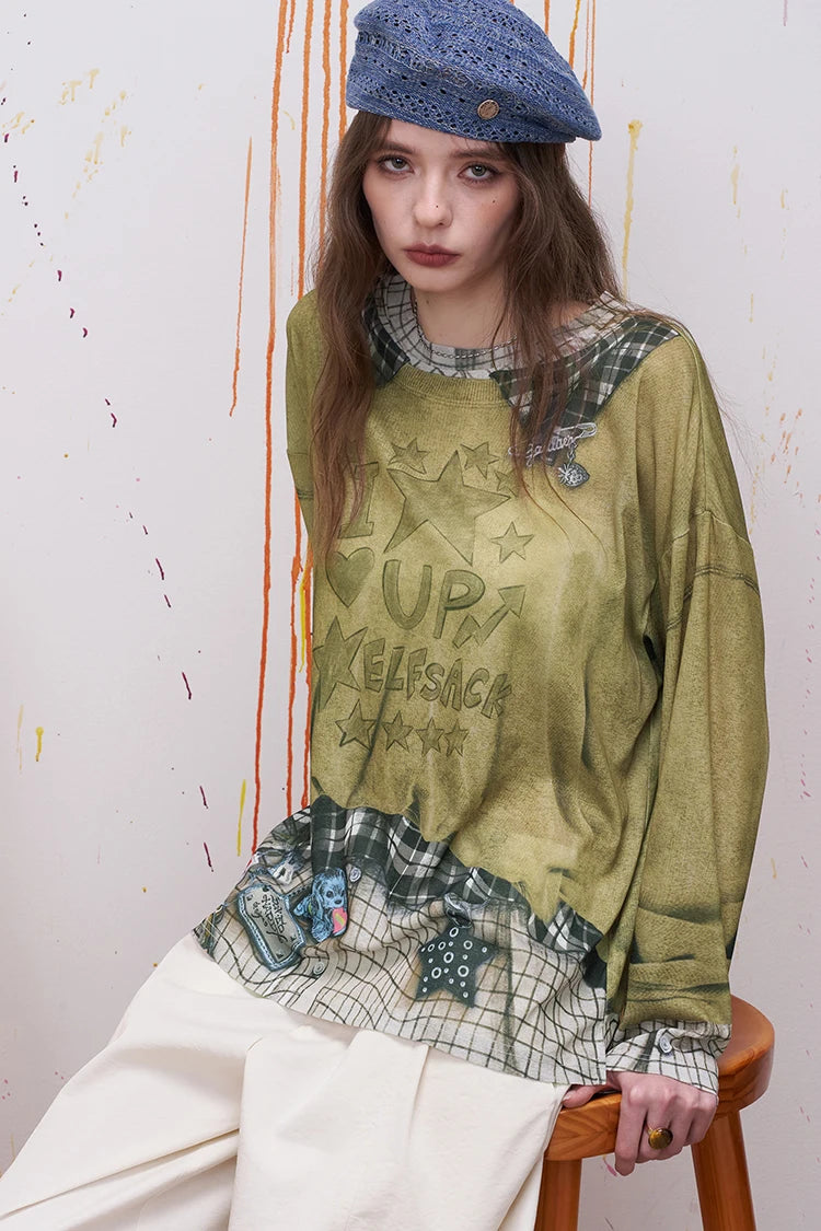 Plaid Patchwork Fake Two-Piece Sweatshirt with Star Print for Women