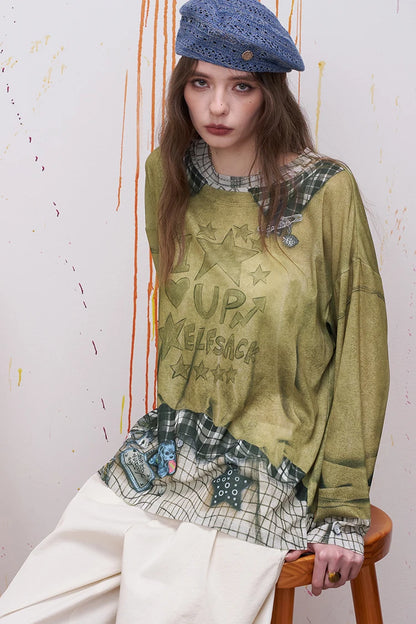 Plaid Patchwork Fake Two-Piece Sweatshirt with Star Print for Women