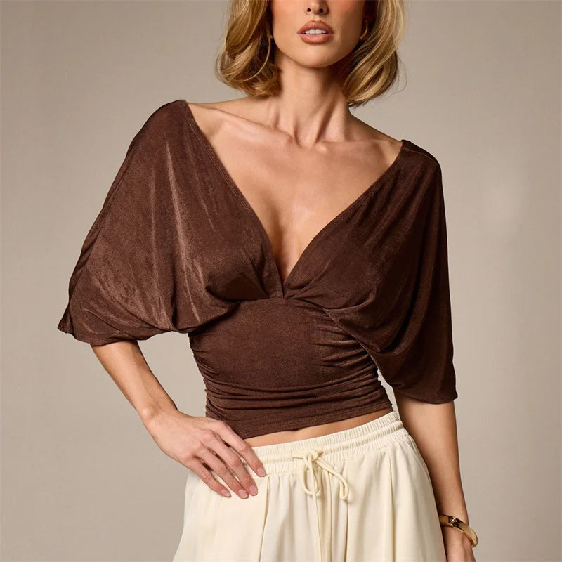Sexy Deep V-Neck High-Waisted Spliced T-Shirt Women Fashion Solid Waist Shaping Short Sleeves Top Summer Street T-Shirt