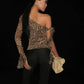 Leopard Print Mesh Asymmetrical Tops Sexy Lace Up One Shoulder Long Sleeve Shirts Woman Clothes