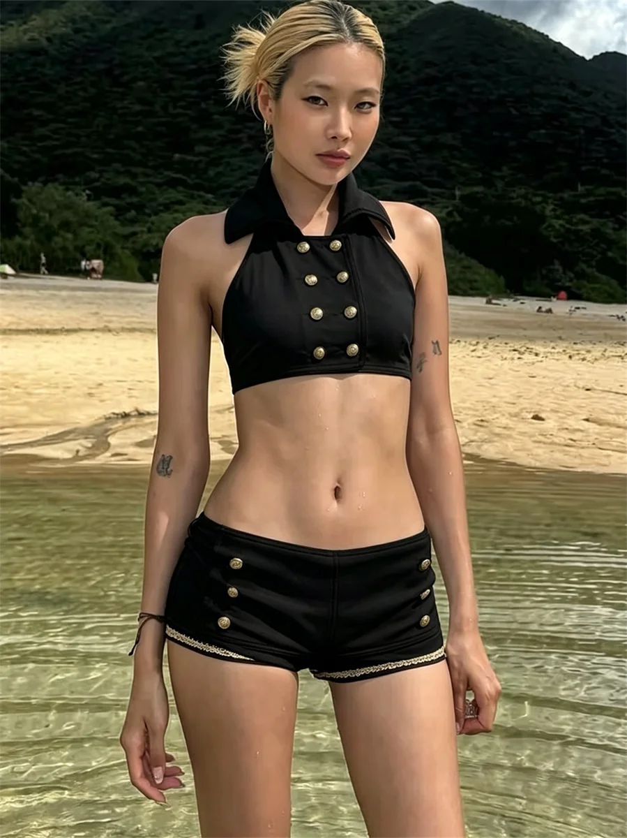 Double-Breasted Decoration 2-Piece Set Women Lapel Vest+Elastic Waist Chain Mini Skort Sexy Hottie Fashion Streetwear