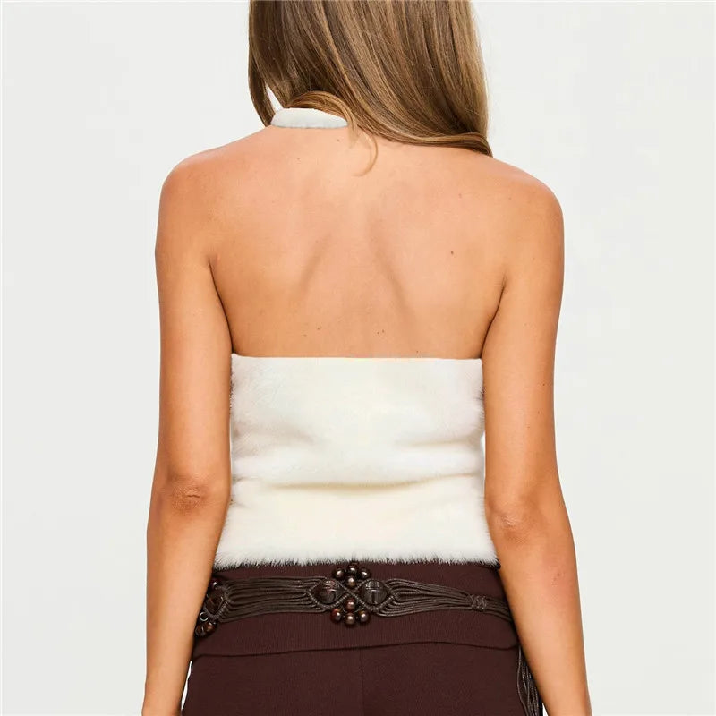 Women's Turtleneck Faux Fur Tank Tops Summer Fashion Sleeveless Backless Tops Fluffy Fuzzy Knit Vest Y2K Streetwear